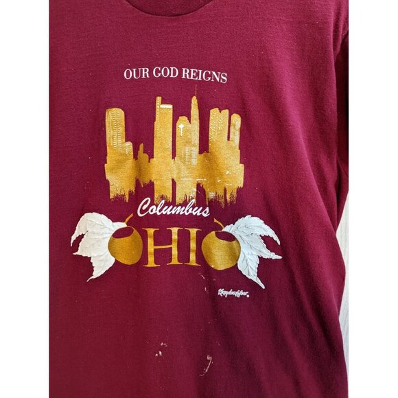 Distressed VTG 90s Our God Reigns God Jesus T Shirt USA Paint Splattered Maroon - Picture 2 of 8